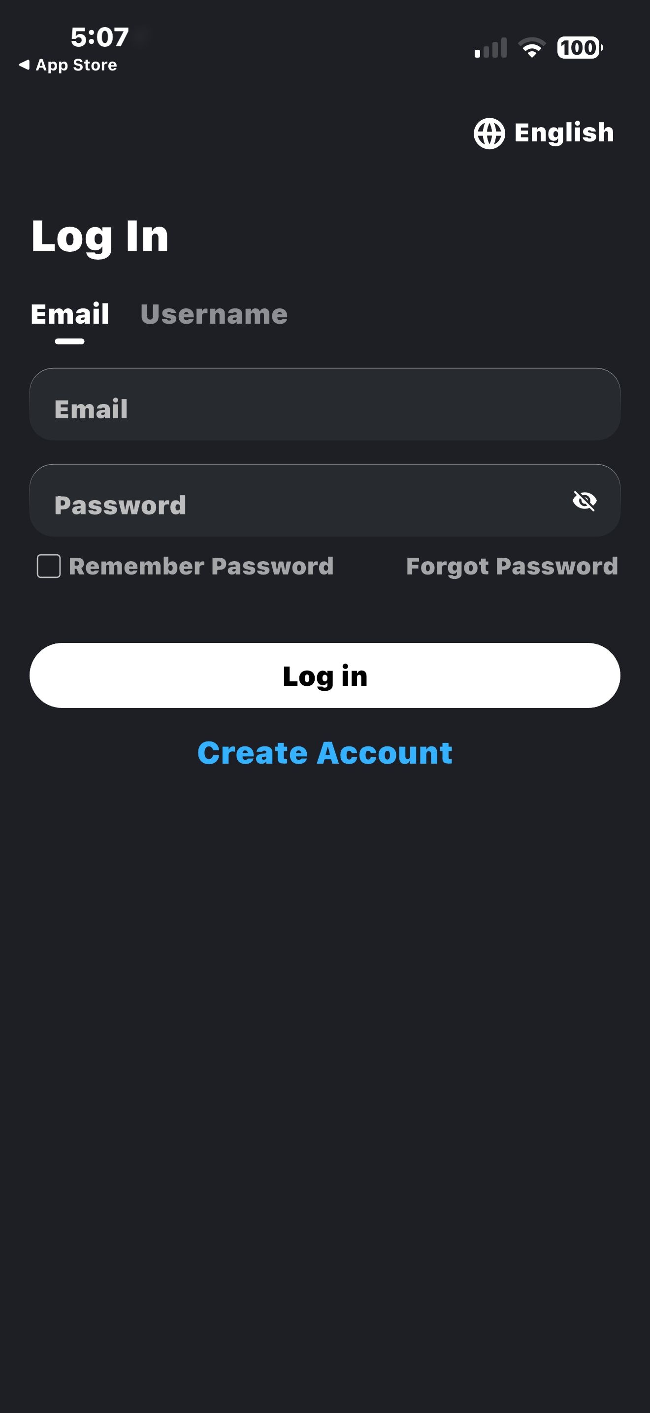 App login screen showing Create Account