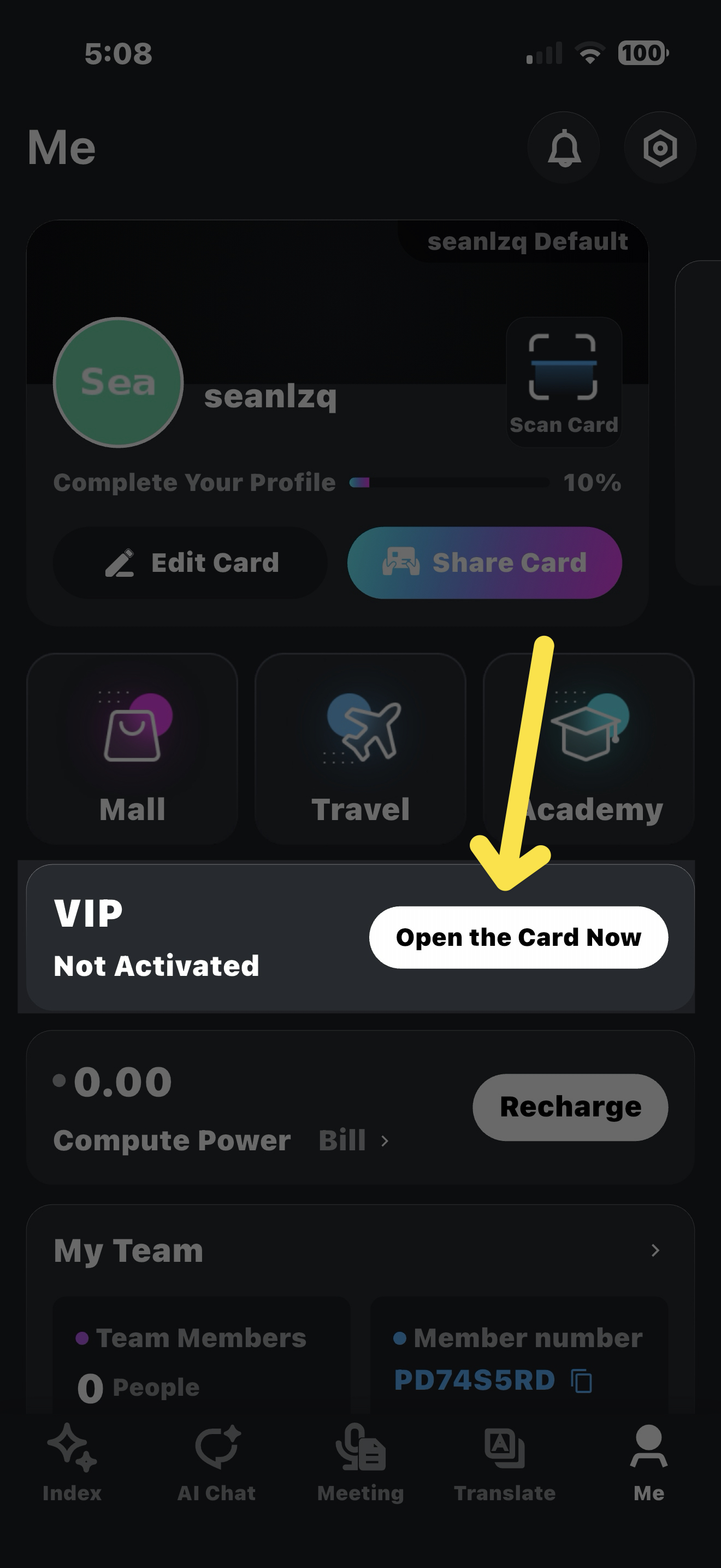 Me tab showing Open the Card Now button